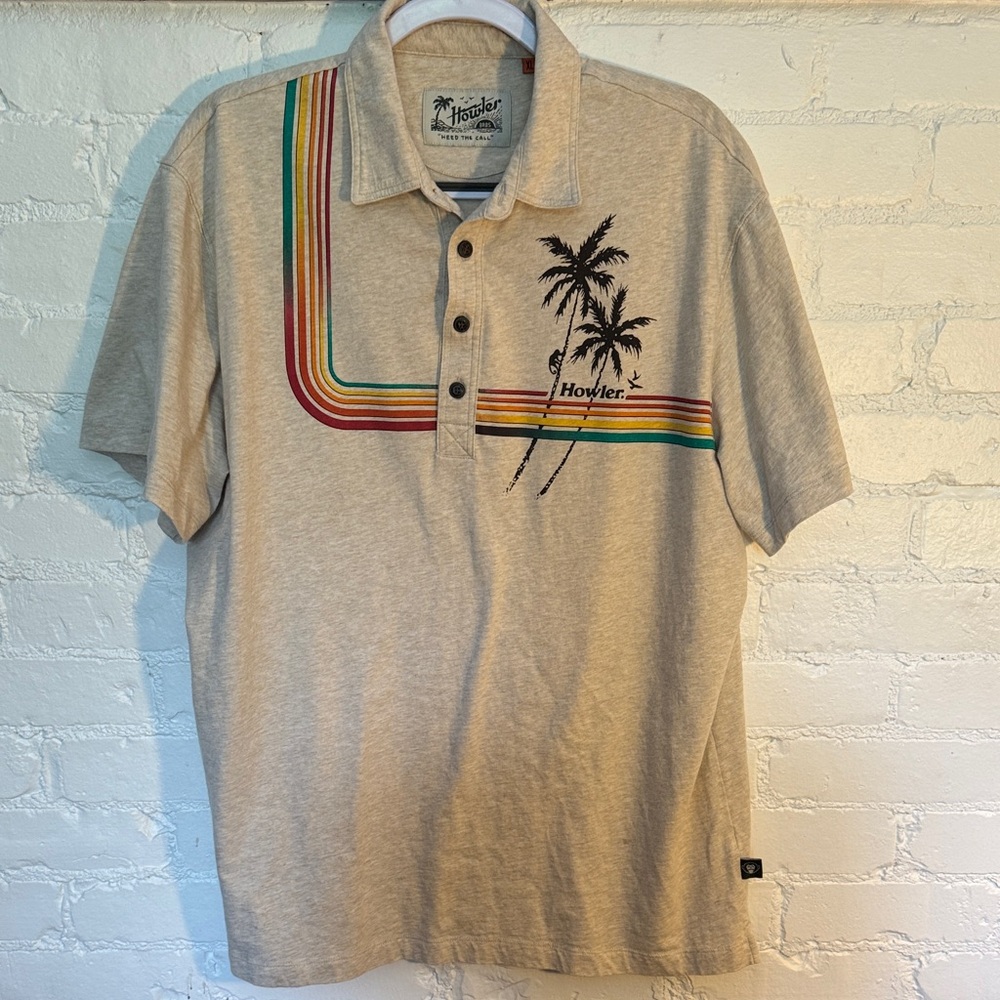 Howler Brothers Beige Polo with Rainbow Stripes and Palm Design
